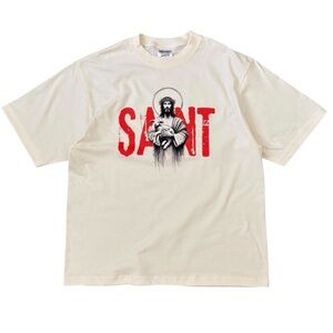 Christian Saint T-Shirt: Jesus with Lamb Graphic, Ivory Vintage Style